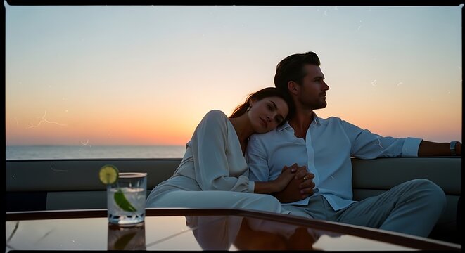 couple enjoying romantic sunset on luxury yacht with ocean view