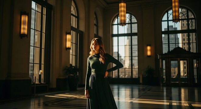 elegant woman in black dress dancing gracefully in historic ballroom with warm lighting