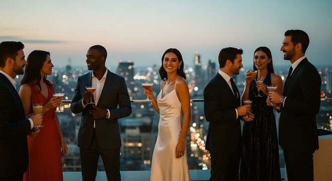 elegant business professionals toasting at rooftop evening party with city skyline