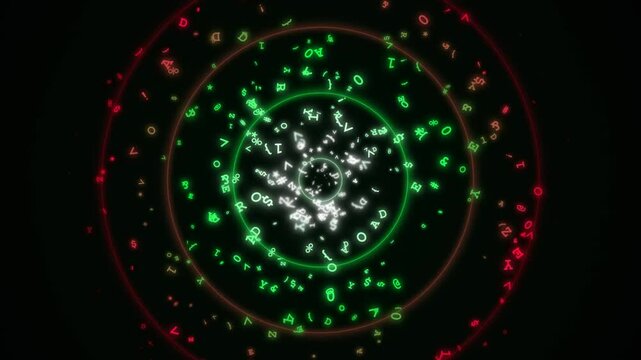 Glowing Green and Red Alphanumeric Characters Swirling in a Digital Vortex on Black Background
