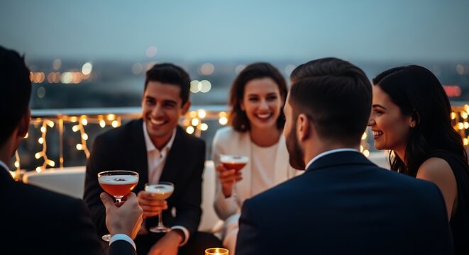 group of friends toasting with wine glasses at rooftop bar with city night view