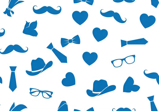Blue Fathers Day Icons Pattern: Moustaches, Ties, Hats, Hearts, Glasses