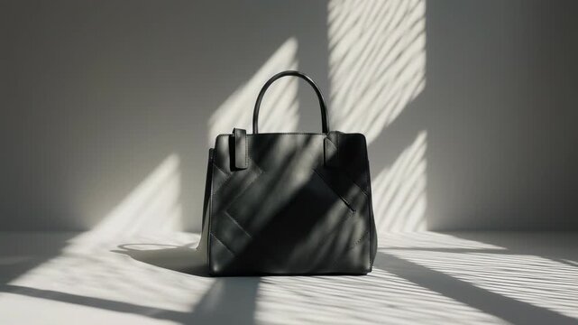 black leather handbag in modern minimalist interior with sunlight shad