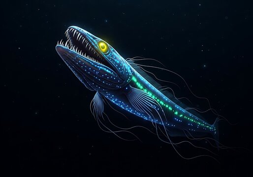 Deep sea dragonfish illustration against dark background with bioluminescent features