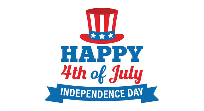 Happy 4th of july typography with uncle sam hat on white background