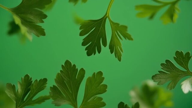Fresh Parsley Leaves Floating on Green Background