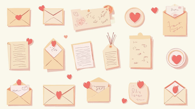 A charming collection of love letters, envelopes, and notes adorned with red hearts.