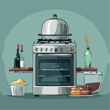 Kitchen Scene with Stove, Cake, and Ingredients
