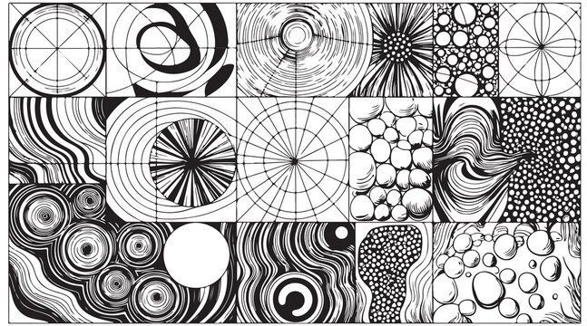 Monochrome abstract geometric patterns and optical illusions set vector.