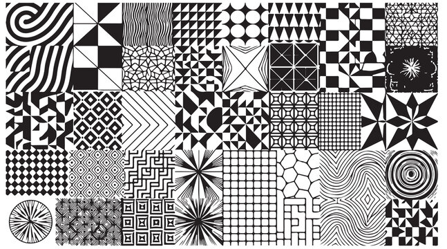 Black and white geometric pattern tiles collection featuring various decorative line textures.