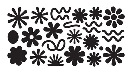Minimalist y2k aesthetic vector elements collection with flowers and wavy line silhouettes. © MDABDUR