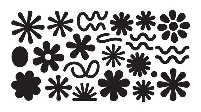 Minimalist y2k aesthetic vector elements collection with flowers and wavy line silhouettes.