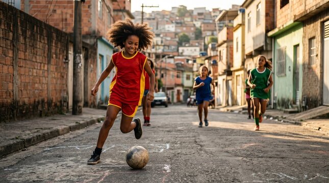 Happy young girl with an afro hairstyle playing soccer with friends in a narrow street of a Brazilian favela during a sunny afternoon