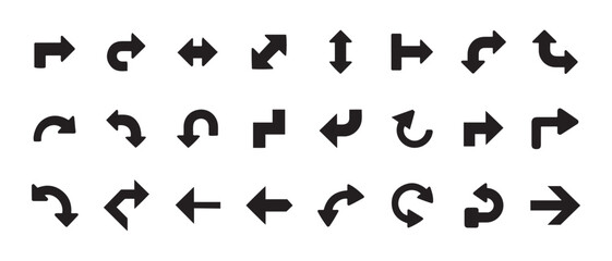 Naklejka premium Black arrow icon set. with various directional pointers and curved shapes on white background.
