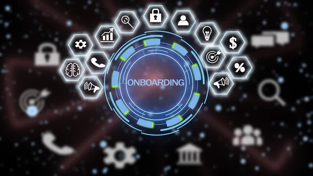 Dynamic digital onboarding interface featuring animated business and futuristic hud for corporate human resources, employee integration, and training presentations