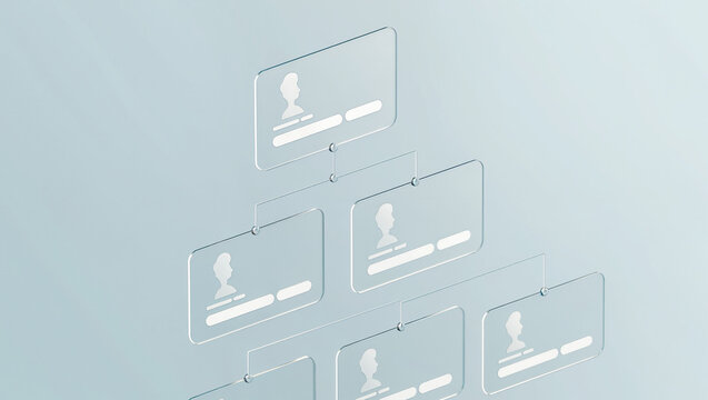 Organizational hierarchy chart with glass profile cards and team structure pyramid diagram, corporate management workflow concept, business leadership and human resources illustration