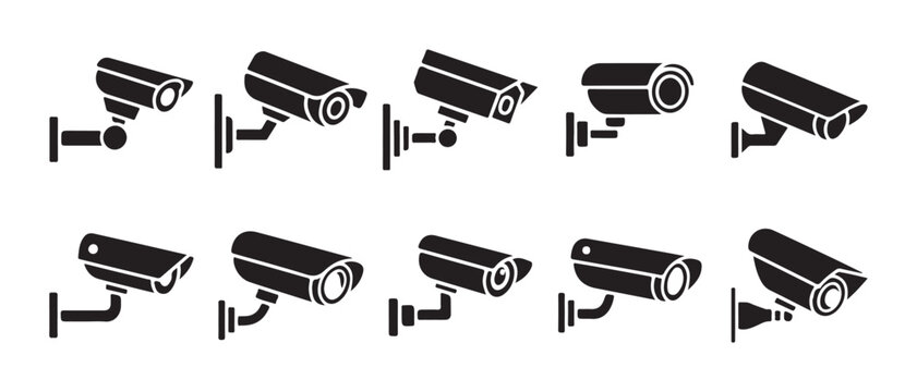 Surveillance camera icons set. showing various security equipment designs on white background.