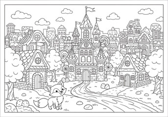 Naklejka premium Cute Fox in a Candy Land Village Coloring Page for Kids