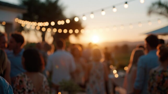 A vibrant outdoor celebration at sunset. Guests mingle under string lights surrounded by the warm glow of the setting sun. The atmosphere is lively and festive.