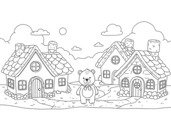 Obraz premium Cute Bear and Houses Coloring Page for Kids