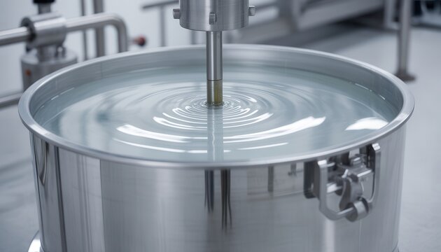 Industrial stainless steel mixing tank with a mechanical agitator stirring a liquid solution in a laboratory