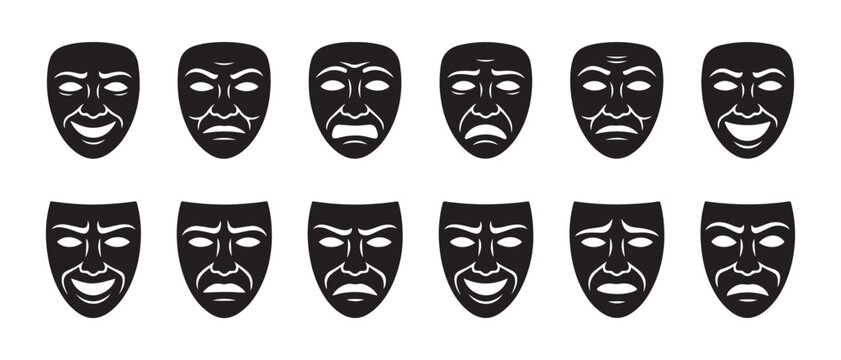Theater masks collection. showing diverse facial expressions and emotions on white background.