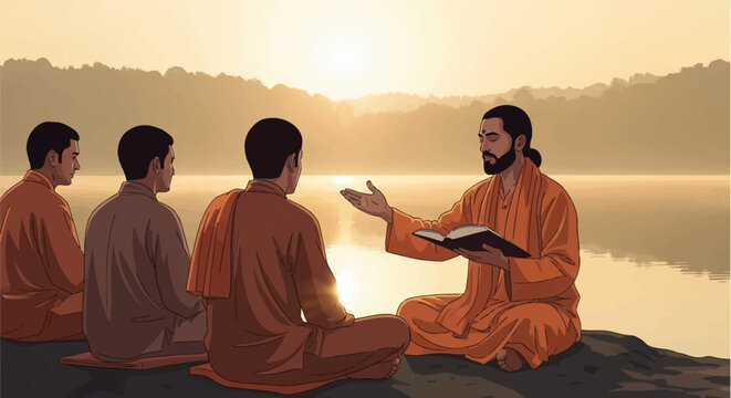 Vector illustration of a bearded spiritual guru in saffron robes teaching three disciples from a sacred book by a calm lake at sunrise with misty mountain silhouettes in background.