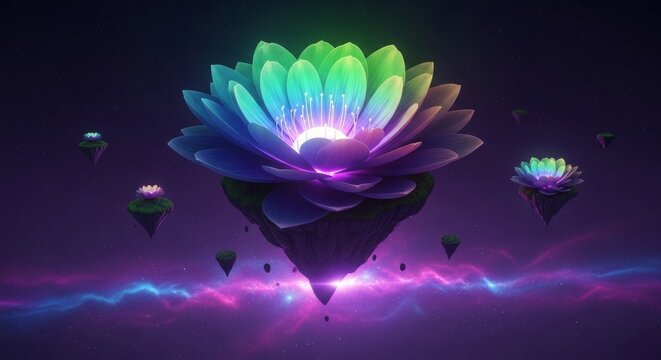 Giant iridescent blossoms with glowing petals bloom across a dreamlike landscape of floating islands under a vibrant cosmic violet nebula, bioluminescent, drop, spectacular