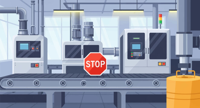 Flat vector illustration of a red octagon stop sign moving on a conveyor belt within a modern industrial factory floor featuring automated CNC machinery and control panels.