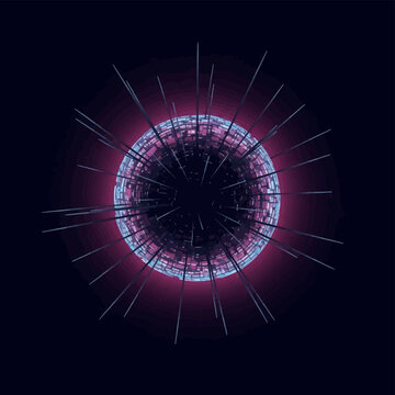Futuristic three-dimensional technogenic sphere with a central dark aperture and radial spikes, featuring pink and blue glowing mechanical components in a starry space environment.