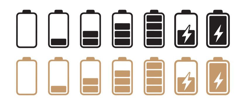 Battery charge level icons. showing status from empty to full with lightning bolt charging symbols.