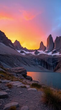 Majestic sunset over Torres del Paine granite towers and glacial lake with dramatic orange and pink sky in Patagonia Chile