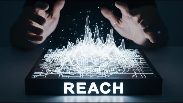 Business professional interacting with glowing digital data mountain chart above reach sign, for growth, strategic planning, financial analysis, market expansion, success in technology