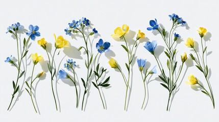 Fototapeta premium A collection of delicate wildflowers arranged in a row. The flowers exhibit blue and yellow petals with lush green stems. The simple background enhances their vibrant colors.