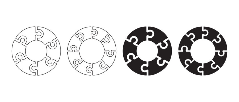 Circular jigsaw puzzle diagrams featuring six and eight interlocking pieces in outline and solid black versions.