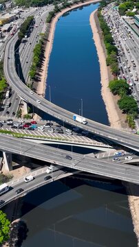 Traffic Road At Marginal Tiete Sao Paulo Brazil. Powerful Landscape Of The Vehicles In A Famous Road . Business Sky Downtown Cityscape. Backgrounds Panning Wide. Marginal Tiete Sao Paulo.