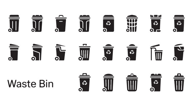 Waste bin icons collection featuring different wheelie bin designs for street garbage sorting.