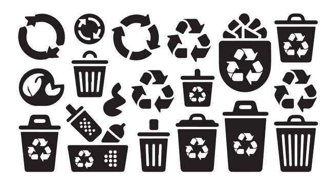 Recycle symbol icons set including trash bins and waste management graphics in flat black design.