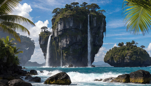 Gemini berkata

A breathtaking landscape of a tropical bay in Krabi where majestic limestone cliffs meet the turquoise ocean water along a serene coastline under a clear blue summer sky in Thailand