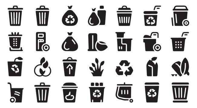 Comprehensive collection of recycling trash bin and waste management icons in black vector style.
