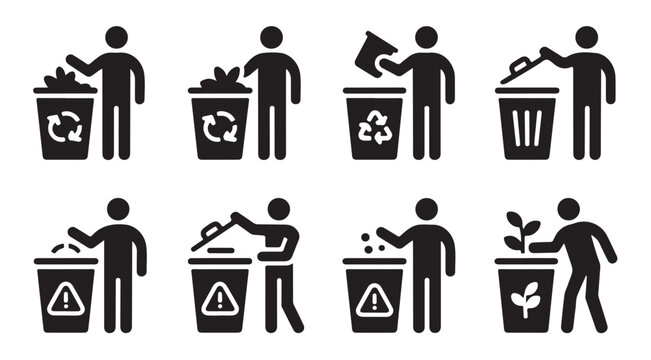 Various people disposing of recyclable waste into dumpsters icon set for ecological awareness.