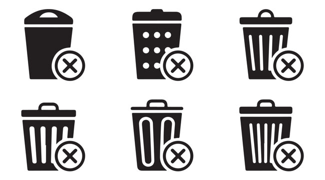 Collection of trash bin icons marked with crossed out signs for waste management restrictions.