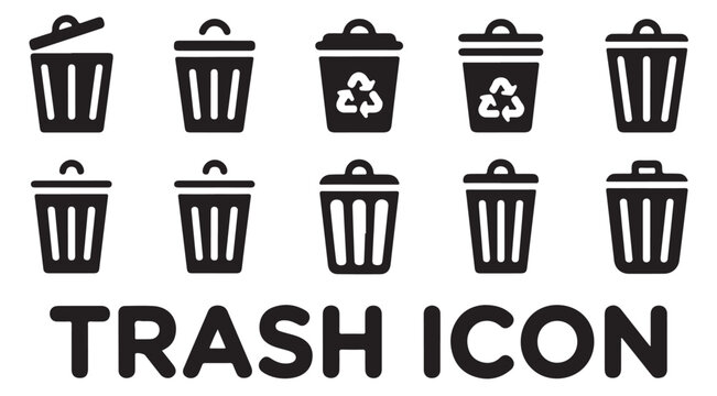 Waste management icon collection featuring different bin shapes and recycling sign symbols.