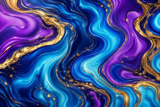 Vibrant abstract art with swirling purple, blue, and gold patterns