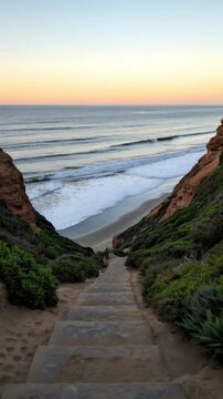 Scenic stone staircase leading down to a beautiful sandy beach at sunset with ocean waves and coastal cliffs