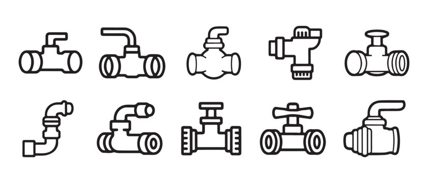 Plumbing valve and pipe fitting icon set. featuring various industrial water control hardware.