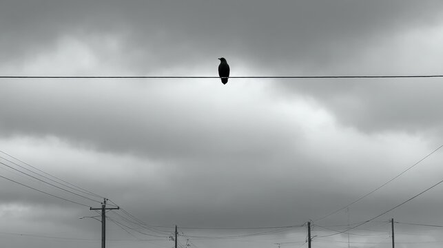 Monochrome wildlife portrait of solitary bird on utility wire under dramatic stormy clouds