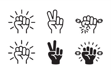 Obraz premium Line Art Protest Icons with Fist, Victory Hand and Chain Break Concept