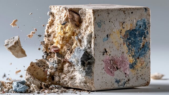 Rustic concrete cube block, decaying material texture on white background
