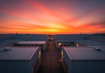 Obraz premium An elevated perspective of organized industrial units and storage facilities featuring symmetrical architecture under a warm sunset glow, exterior, economy, roof